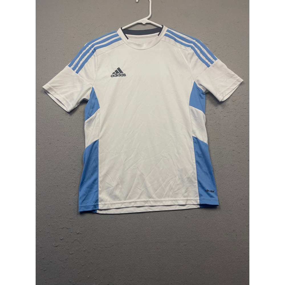 Adidas Climalite Shirt Polyester White Blue YL US 164 EU Youth Boys
